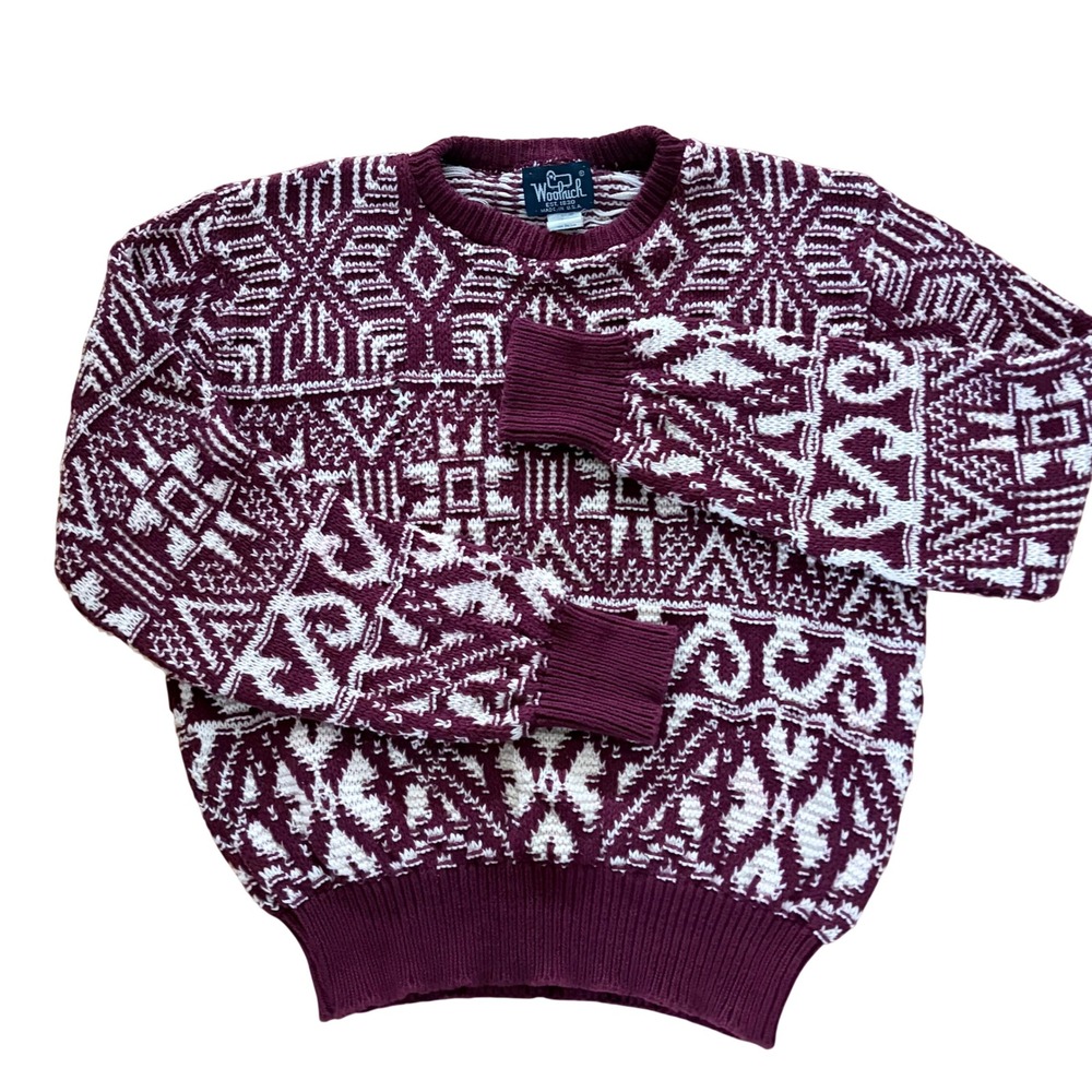 Vintage Woolrich Mens Large Burgundy Cotton Geometric Nordic Knit Sweater USA - Picture 4 of 8